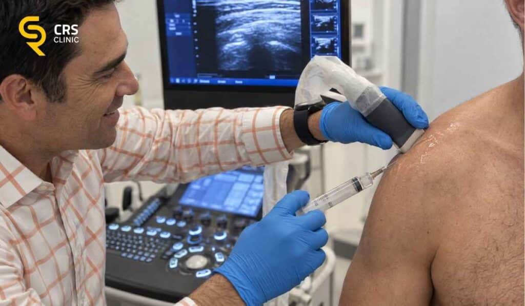 Lekarz ortopeda przeprowadza zabieg usuwania zwapnień w barku pod USG w CRS Clinic Warszawa