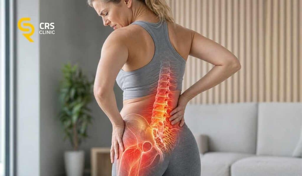 Pacjentka CRS Clinic z wyraźnym bólem w okolicy kręgosłupa lędźwiowego zaznaczonego anatomicznie na zdjęciu