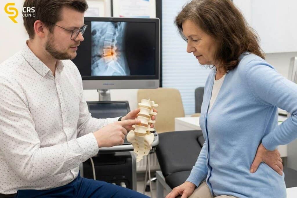 Lekarz neurochirurg wyjaśnia pacjentce dyskopatię kręgosłupa na modelu kręgosłupa lędźwiowego w CRS Clinic Warszawa