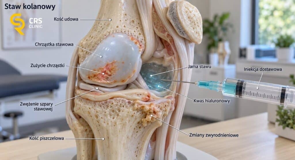 Model anatomiczny stawu kolanowego pokazujący iniekcję kwasu hialuronowego do jamy stawu oraz struktury: chrząstkę stawową, łąkotkę, zmiany zwyrodnieniowe