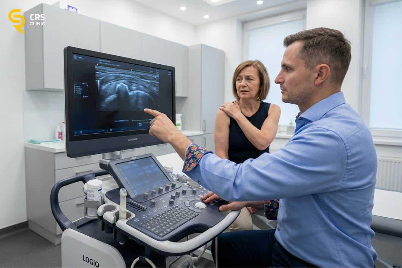 Lekarz ortopeda analizuje wynik badania obrazowego USG u pacjentki ze zwapnieniem barku w CRS Clinic Warszawa