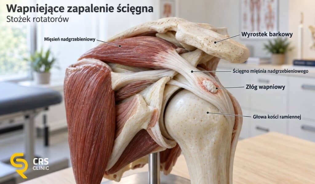 Model anatomiczny barku przedstawiający wapniejące zapalenie ścięgna mięśnia nadgrzebieniowego, z zaznaczonym złogiem wapniowym w ścięgnie stożka rotatorów