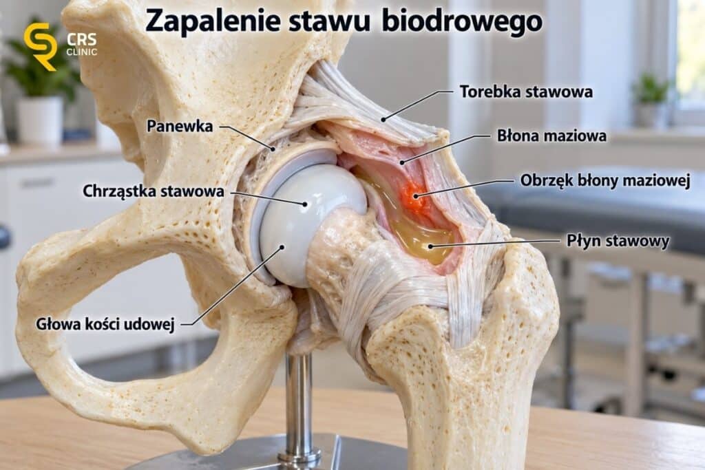 Model anatomiczny stawu biodrowego z zapaleniem błony maziowej, pokazujący jej obrzęk oraz zwiększoną ilość płynu stawowego wewnątrz częściowo otwartej torebki stawowej.