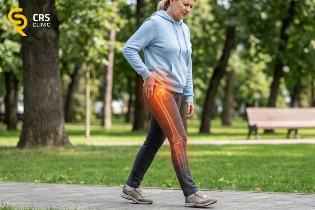 Pacjentka podczas spaceru z wyraźnie zaznaczonym anatomicznie miejscem promieniowania bólu podczas chodzenia