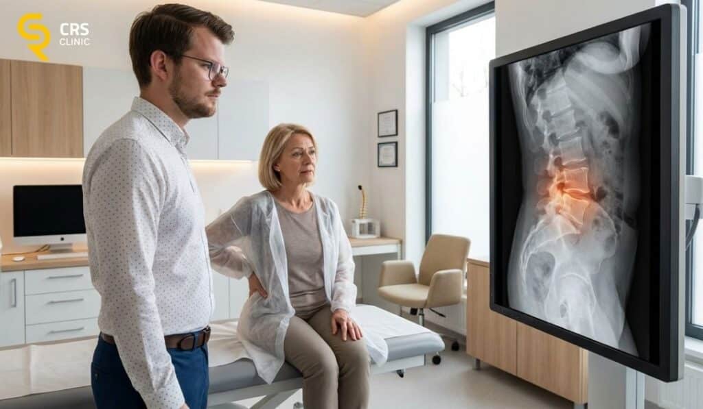 Lekarz neurochirurg analizuje wyniki badania RTG kręgosłupa lędźwiowego u pacjentki z bólem lędźwi w CRS Clinic Warszawa
