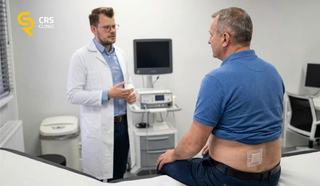 Lekarz neurochirurg przekazuje pacjentowi z przepukliną kręgosłupa zalecenia po blokadzie kręgosłupa w CRS Clinic Warszawa