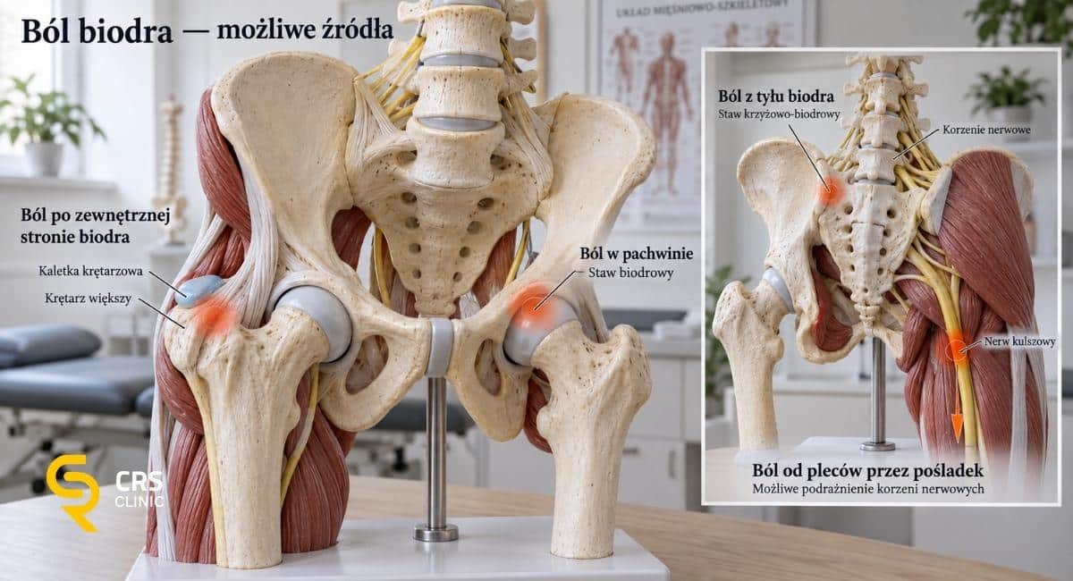 Model anatomiczny biodra i miednicy z zaznaczonymi możliwymi źródłami bólu: stawem biodrowym, okolicą krętarza większego, strukturami nerwowymi i stawem krzyżowo-biodrowym.