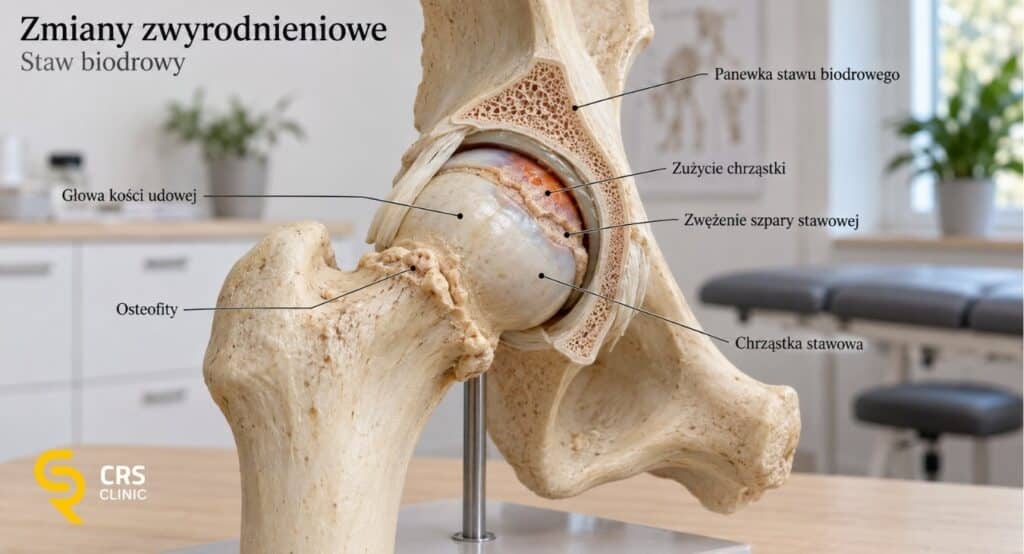 Model anatomiczny zwyrodnienia stawu biodrowego z oznaczonym zużyciem chrząstki, zwężeniem szpary stawowej i osteofitami.