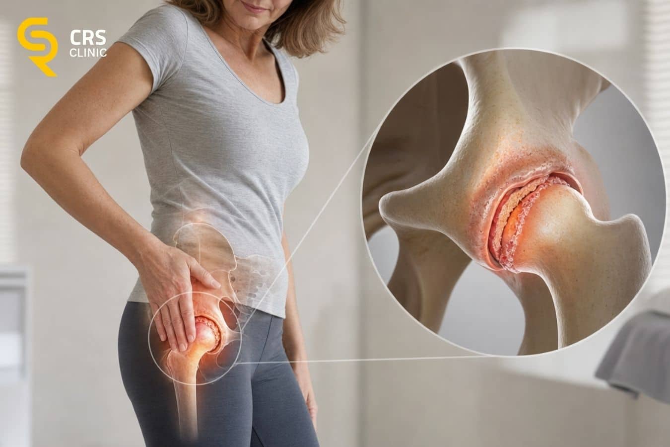 Pacjentka w gabinecie ortopedycznym z wyraźnie zaznaczonym anatomicznie miejscem bólu przy zwyrodnieniu biodra