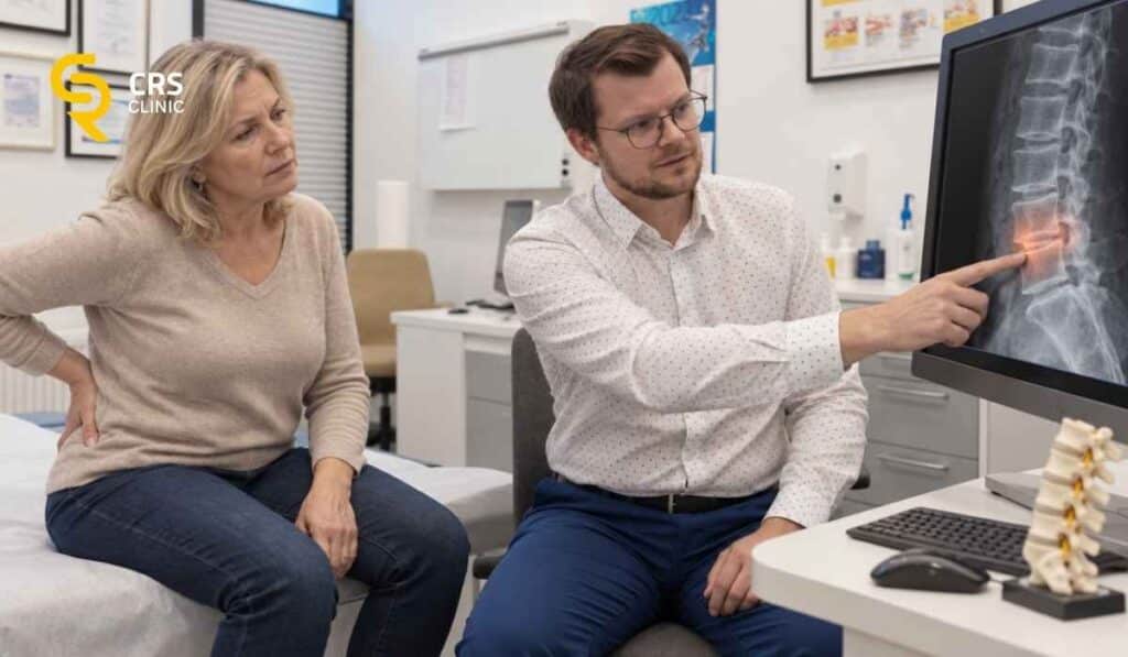 Lekarz neurochirurg analizuje wyniki badania RTG u pacjentki przed zastrzykiem nadtwardówkowym w CRS Clinic Warszawa