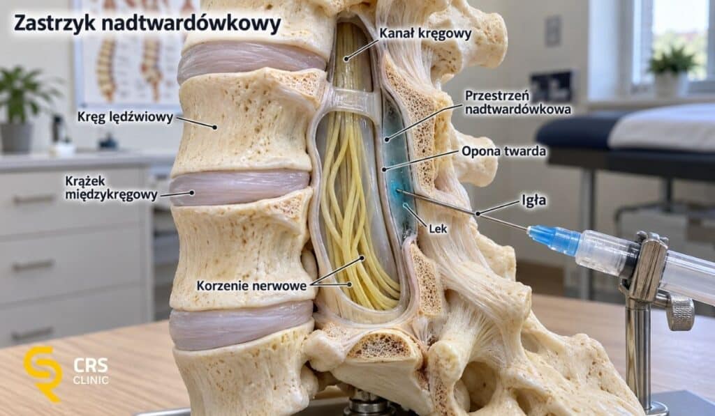 Model anatomiczny kręgosłupa lędźwiowego pokazujący zastrzyk nadtwardówkowy, z końcówką igły i lekiem w przestrzeni nadtwardówkowej.