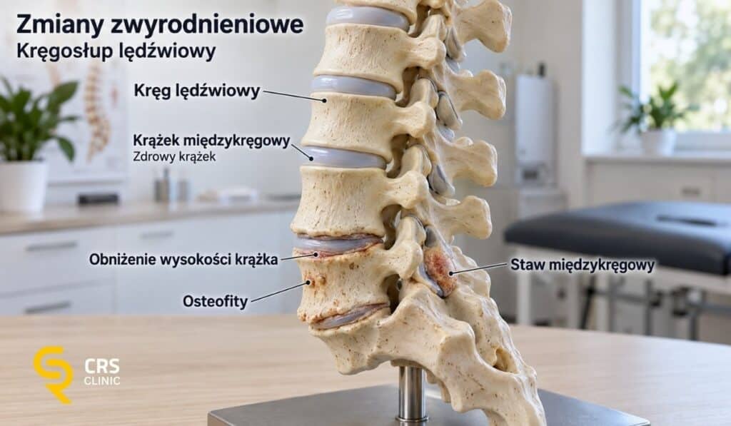Model anatomiczny kręgosłupa lędźwiowego ze zmianami zwyrodnieniowymi, pokazujący zdrowy krążek międzykręgowy oraz obniżenie wysokości dolnych krążków, osteofity i zmiany w stawach międzykręgowych.