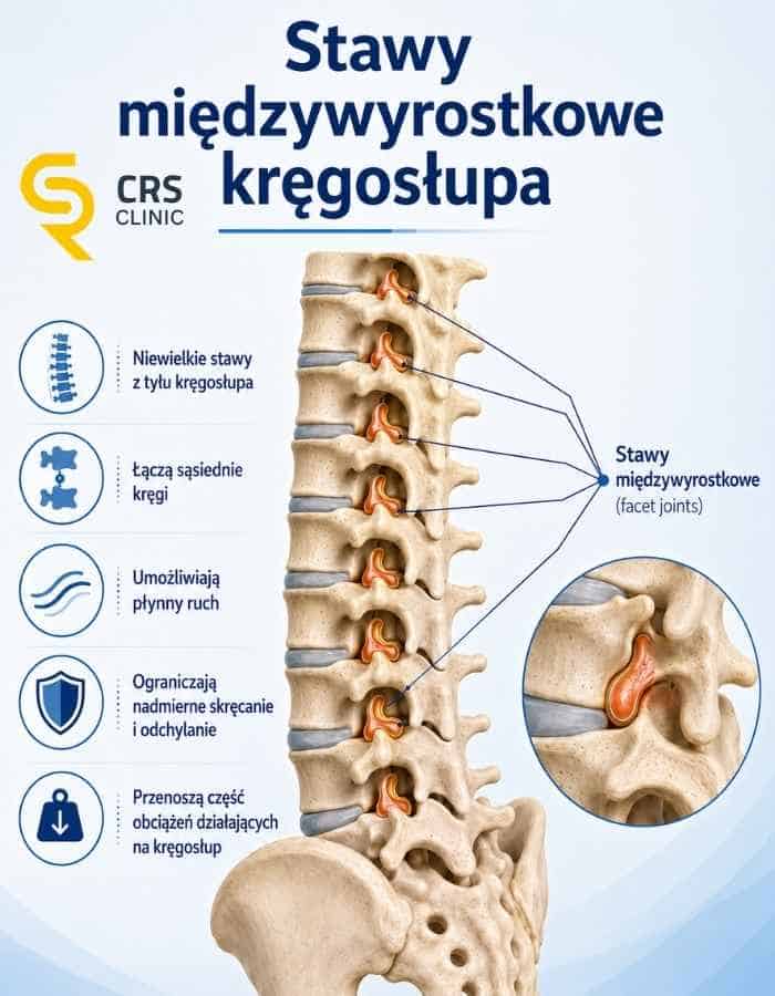 Infografika przedstawiająca dokładną budowę i cechy stawów międzywyrostkowych kręgosłupa