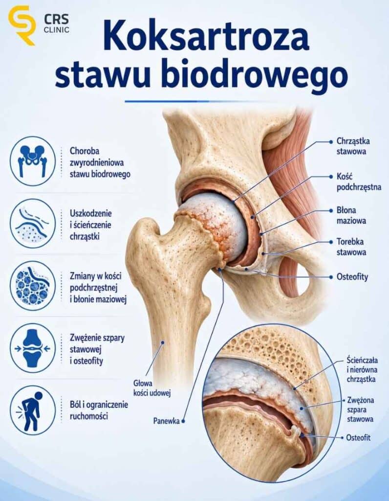 Infografika przedstawiająca model i budowę rozwijającej się koksartrozy stawu biodrowego