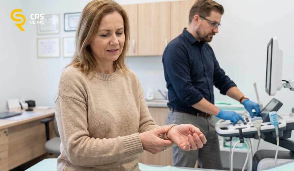Lekarz ortopeda przygotowuje aparat USG do zabiegu hydrodekompresji cieśni nadgarstka w CRS Clinic Warszawa