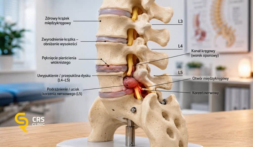 Model anatomiczny kręgosłupa lędźwiowego z dyskopatią L4–L5, obniżeniem krążka międzykręgowego, przepukliną dysku i uciskiem korzenia nerwowego.