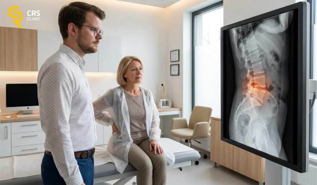 Lekarz neurochirurg analizuje wyniki badanie RTG kręgosłupa lędźwiowego przed zastrzykiem w kręgosłup w CRS Clinic Warszawa