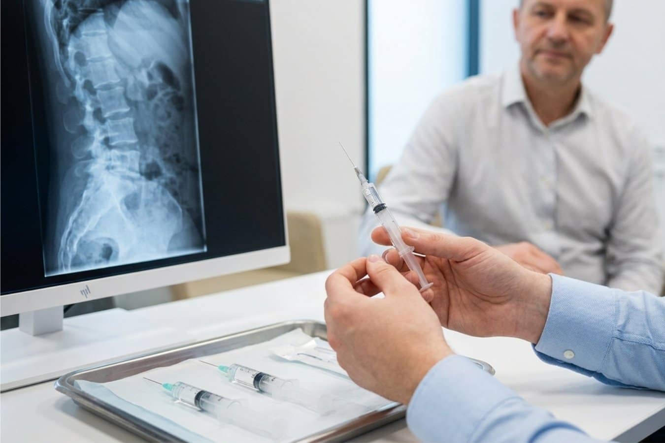Lekarz neurochirurg tłumaczy pacjentowi różne działania zastrzyków na kręgosłup lędźwiowy w CRS Clinic Warszawa