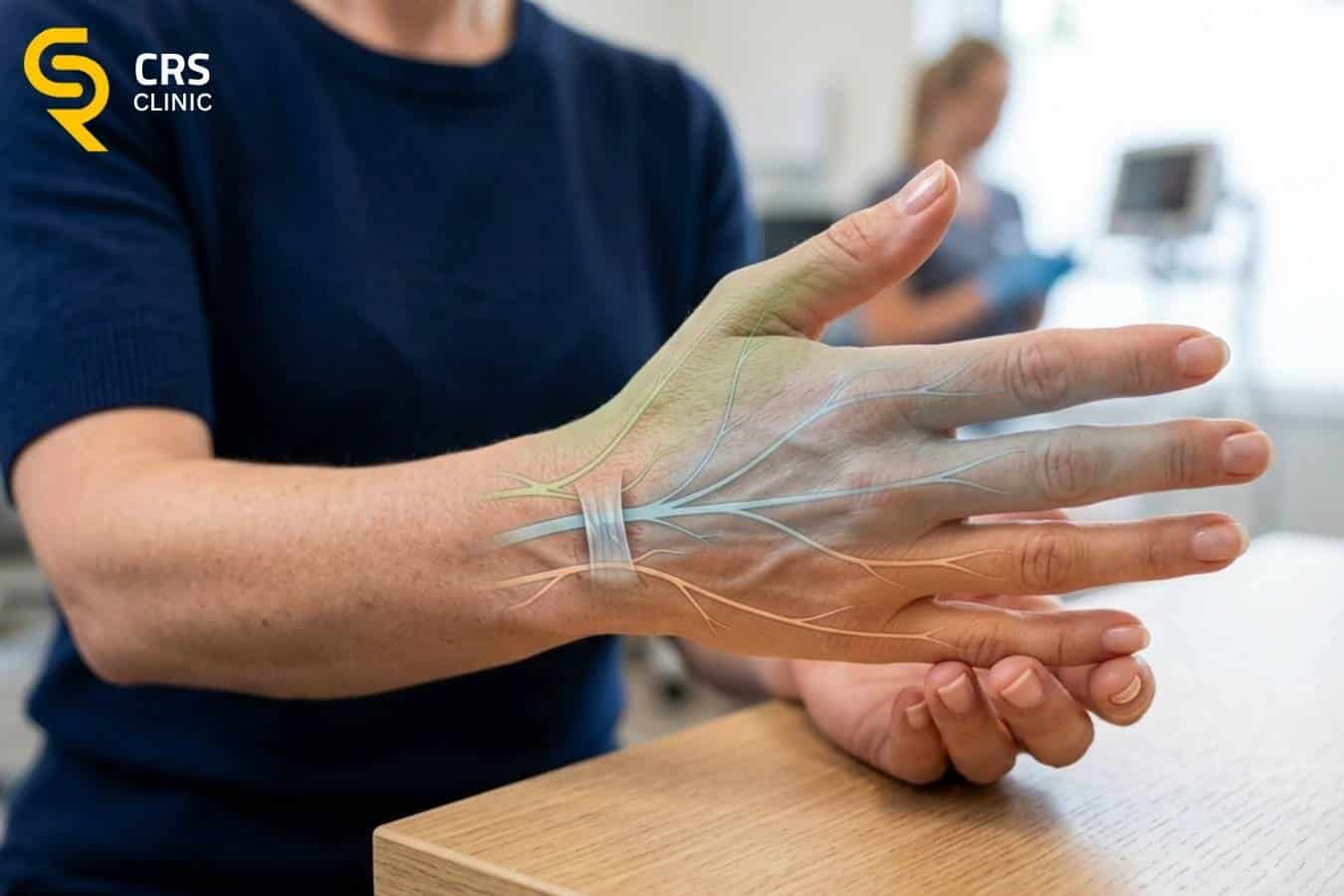 Pacjentka u lekarza ortopedy na diagnostyce drętwienia ręki z wyraźnie zaznaczonym anatomicznie nerwem pośrodkowym