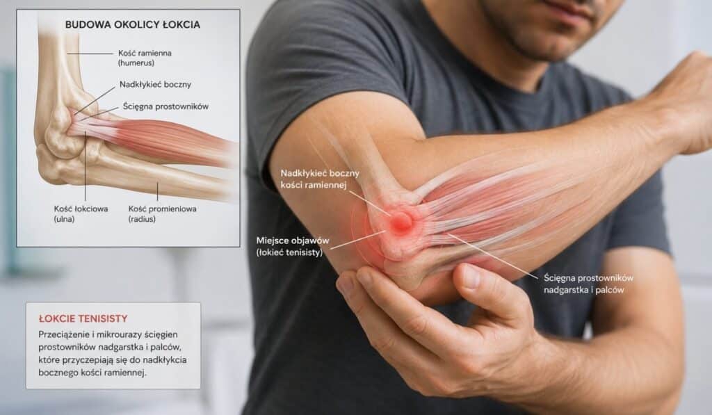 Infografika przedstawiająca anatomiczną budowę łokcia i miejsce występowania objawów przy łokciu tenisisty