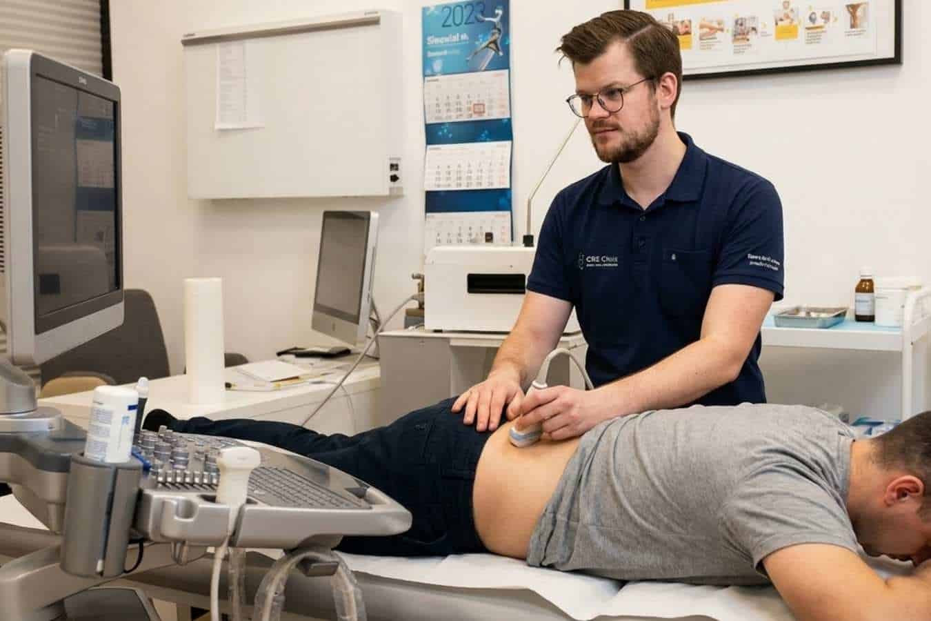 Lekarz neurochirurg przeprowadza diagnostykę USG przed zabiegiem sonochirurgicznym na rwę kulszową w CRS Clinic Warszawa