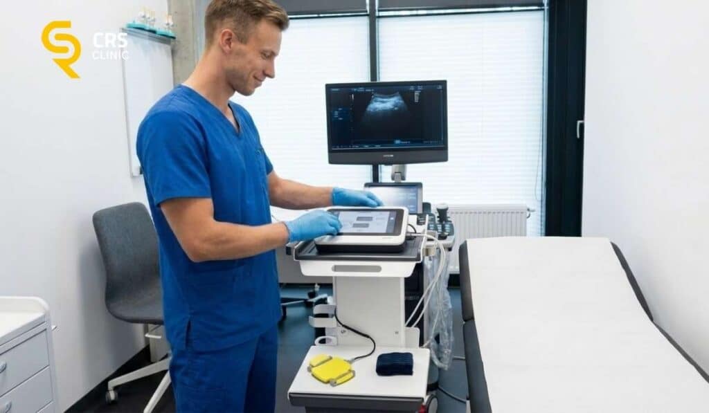 Lekarz ortopeda przygotowuje aparat elektrolizy do zabiegu na zapalenie rozcięgna podeszwowego w CRS Clinic Warszawa