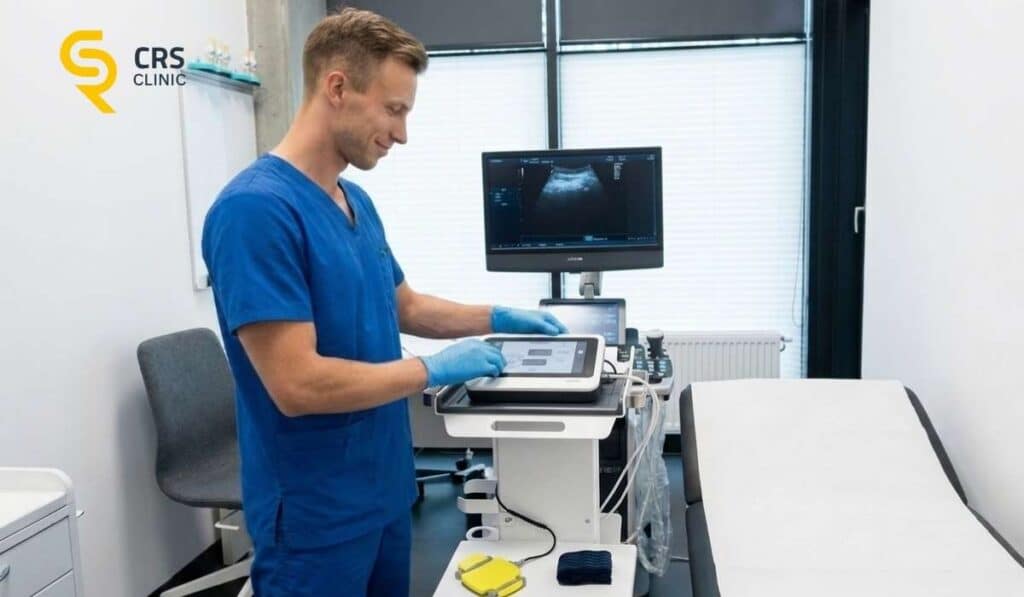 Lekarz ortopeda przygotowuje narzędzie do elektrolizy EPI wykonywanej na ostrogę piętową w CRS Clinic Warszawa