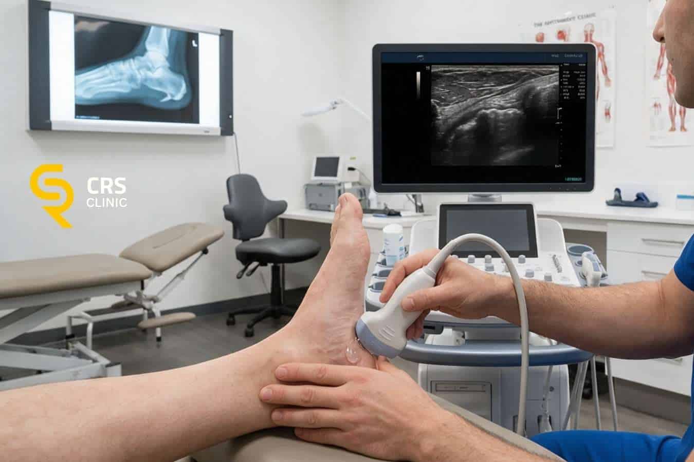 Lekarz ortopeda wykonuje badanie USG ostrogi piętowej i porównuje je z badaniem RTG w CRS Clinic Warszawa