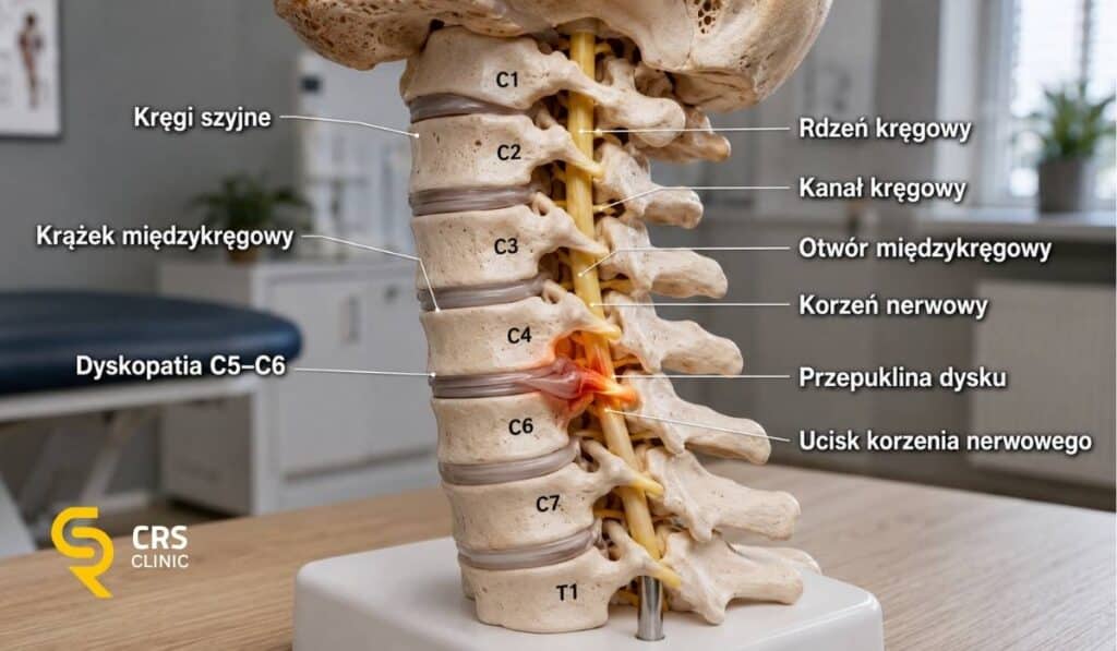 Model anatomiczny kręgosłupa szyjnego z dyskopatią C5–C6, przepukliną krążka międzykręgowego i uciskiem korzenia nerwowego.