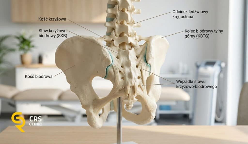 Model anatomiczny miednicy z zaznaczonymi stawami krzyżowo-biodrowymi, kością krzyżową, kośćmi biodrowymi i więzadłami w gabinecie fizjoterapeutycznym.