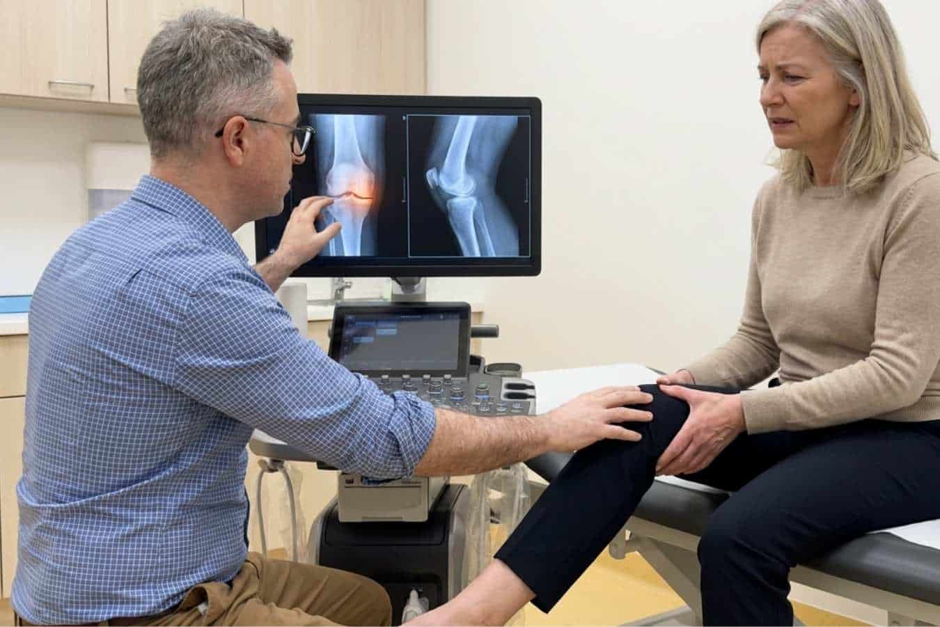 Lekarz ortopeda analizuje badanie RTG stawu kolanowego u pacjentki z bólem kolana od wewnętrznej strony w CRS Clinic Warszawa