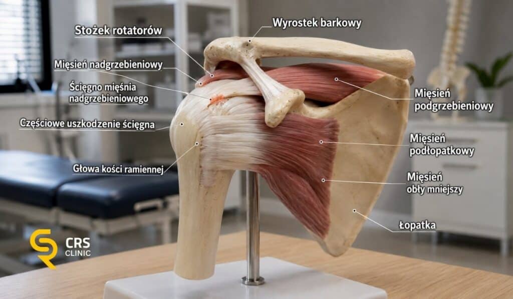 Model anatomiczny barku i stożka rotatorów z częściowym uszkodzeniem ścięgna mięśnia nadgrzebieniowego.