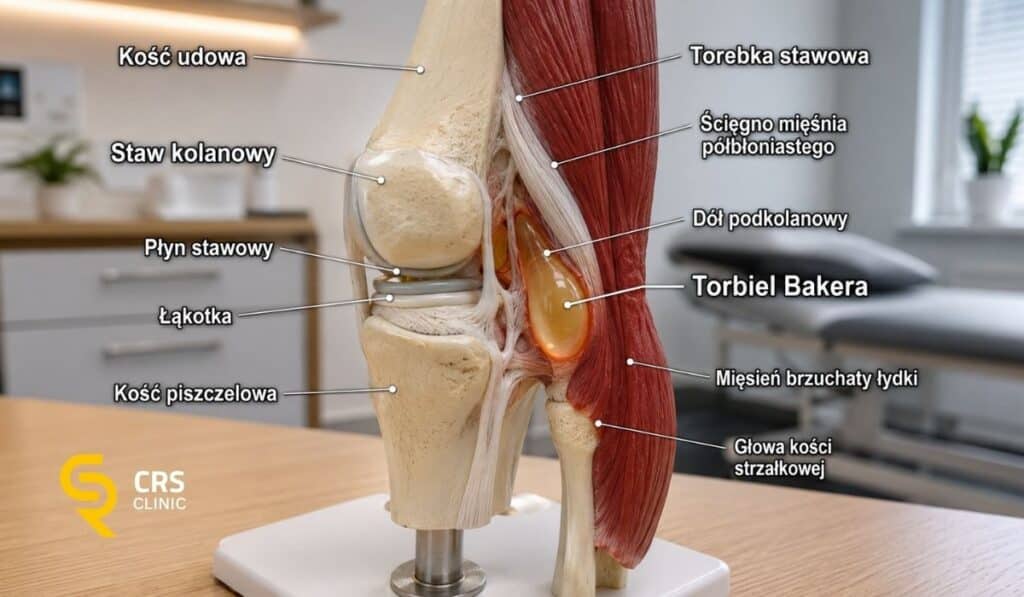 Model anatomiczny kolana z torbielą Bakera w dole podkolanowym, pokazujący jej położenie względem stawu kolanowego i płynu stawowego.