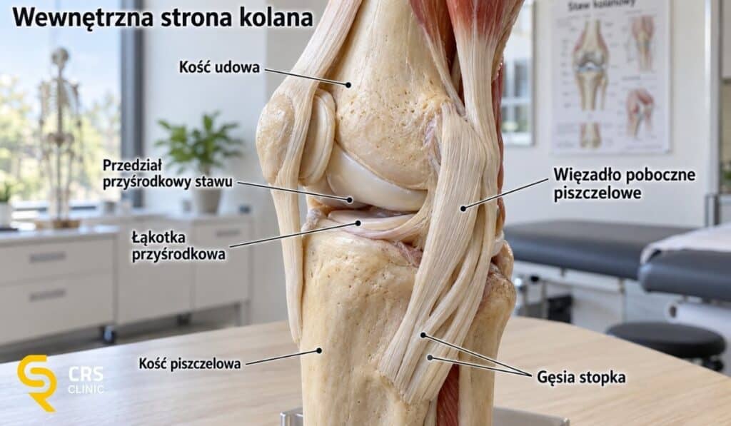 Model anatomiczny wewnętrznej strony kolana z oznaczoną gęsią stopką, więzadłem pobocznym piszczelowym, łąkotką przyśrodkową i przedziałem przyśrodkowym stawu kolanowego.