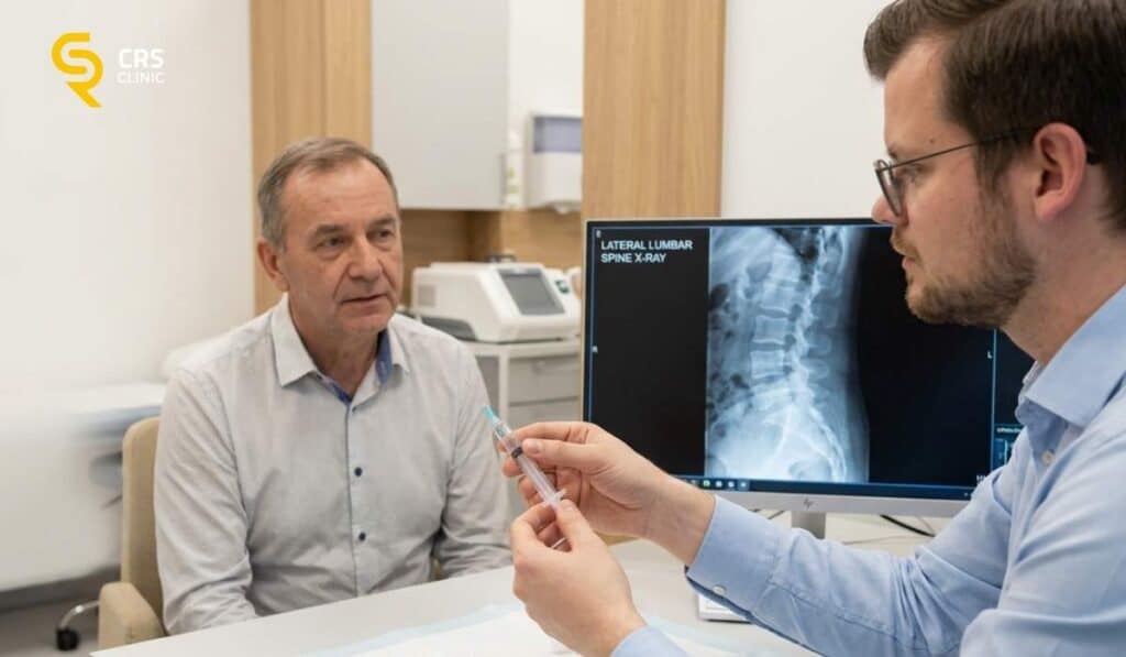 Lekarz neurochirurg tłumaczy pacjentowi przebieg zabiegu blokady kręgosłupa pod kontrolą USG w CRS Clinic Warszawa
