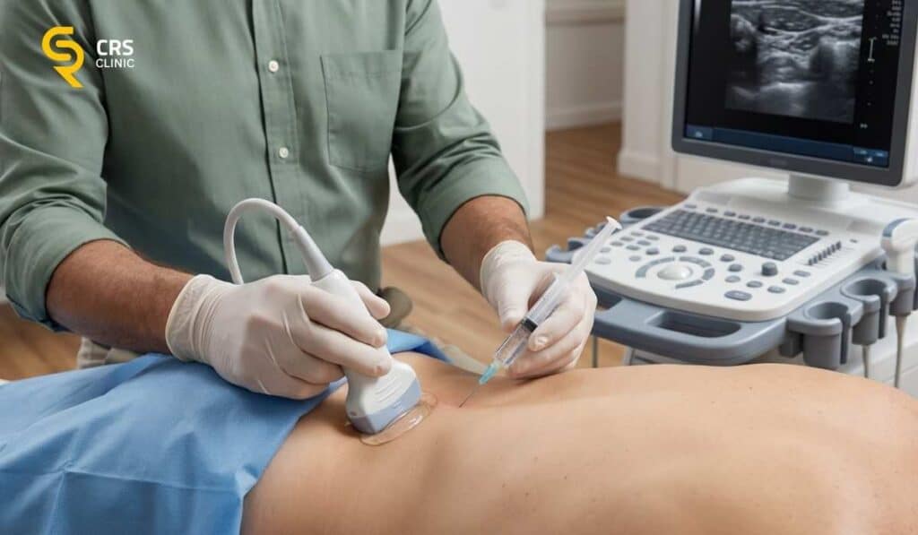 Lekarz neurochirurg wykonuje zastrzyk nadtwardówkowy pod USG w CRS Clinic Warszawa