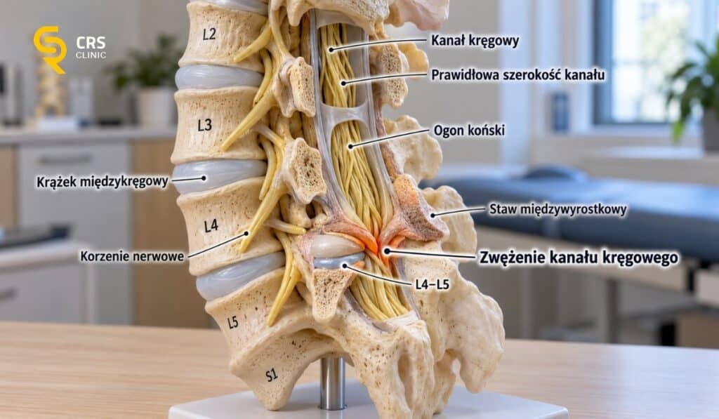 Model anatomiczny kręgosłupa lędźwiowego pokazujący stenozę kanału kręgowego na poziomie L4-L5 ze stłoczeniem korzeni nerwowych ogona końskiego